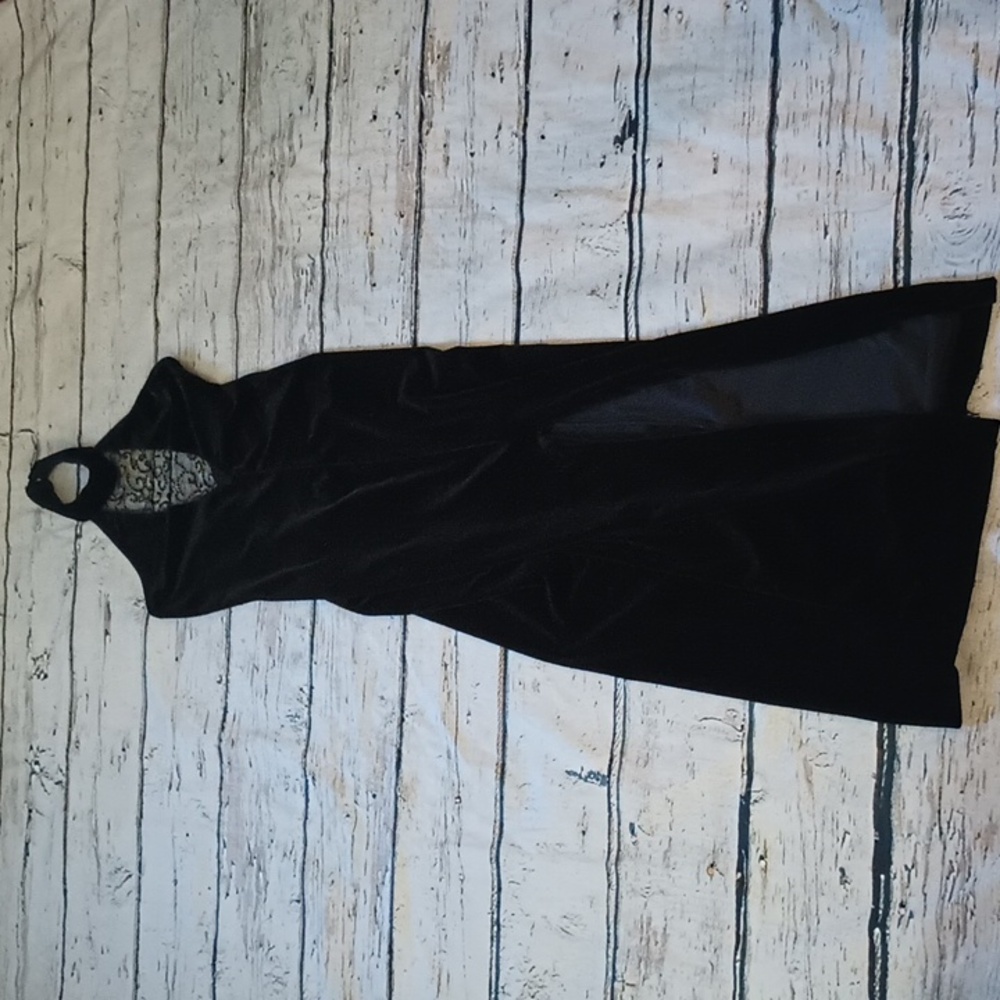 Roberta Vintage Black Mesh Accent Stretch Velvet Velour Slit Halter Maxi Dress S